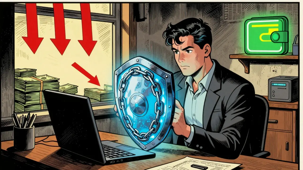 Illustrator depicts freelancer protecting wealth from inflation with digital coins.