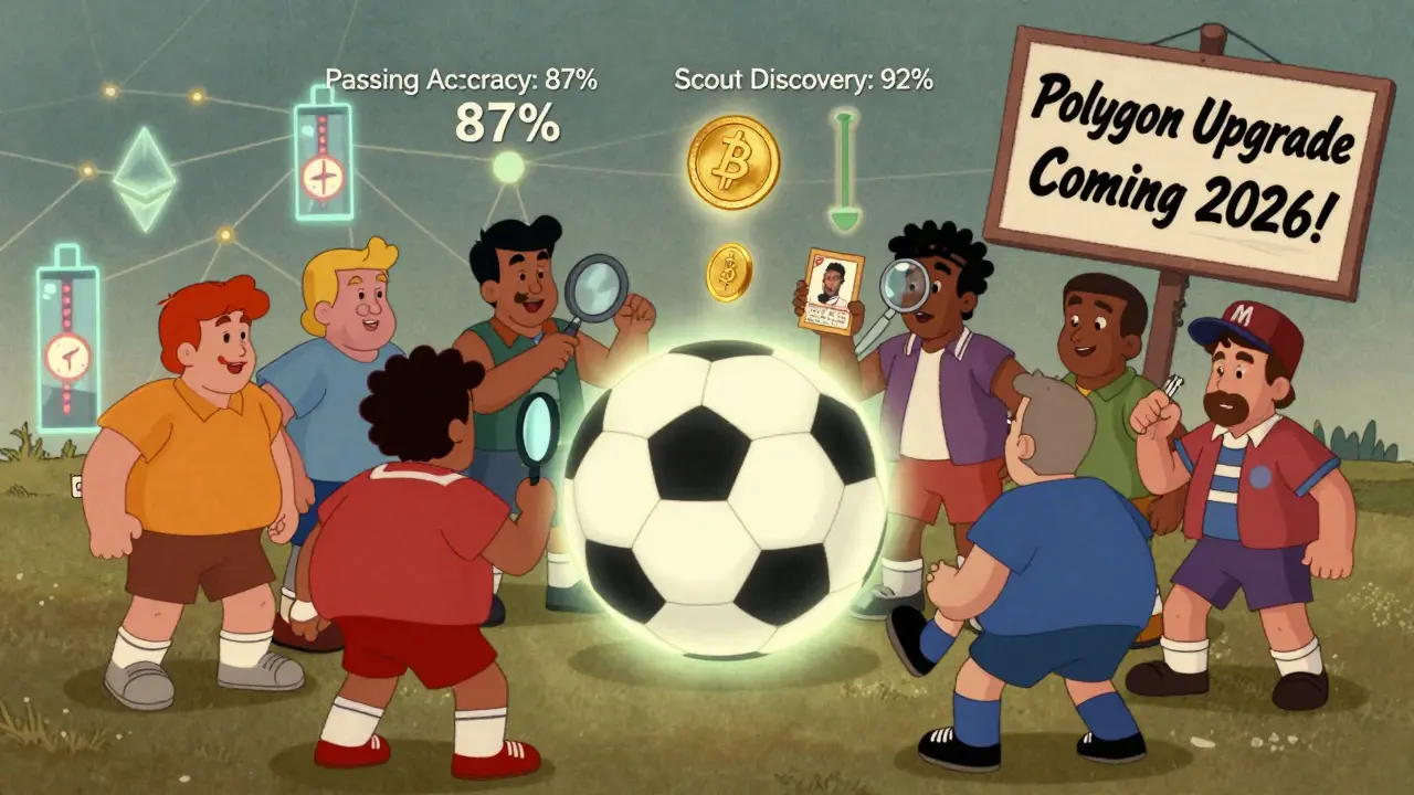 Players gather around a blockchain soccer ball with floating stats and a 'Polygon Upgrade' sign.