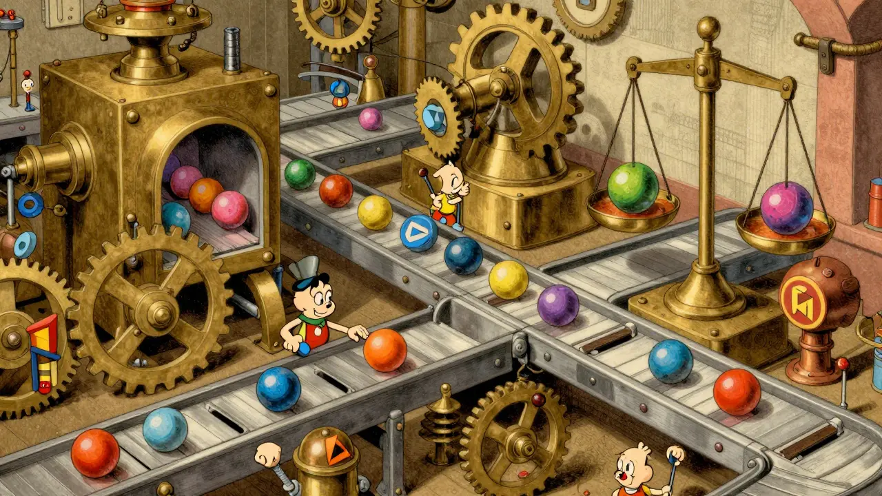 Retro style trading machine exchanging colorful coin tokens mechanically.