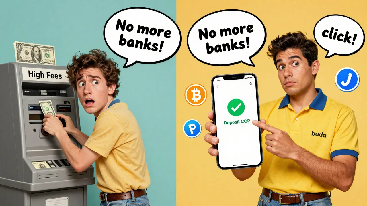 Split scene: a confused U.S. user paying high fees vs. a Latin American user easily depositing local currency via Buda app.