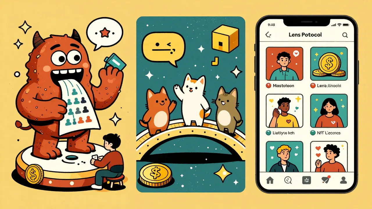 Three social media worlds shown side by side: centralized, Mastodon, and Lens Protocol with cartoon characters.