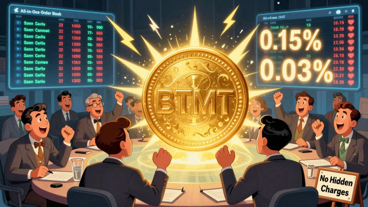 Traders in vintage suits cheer as a glowing BTMT token reduces trading fees with magical spark effects.