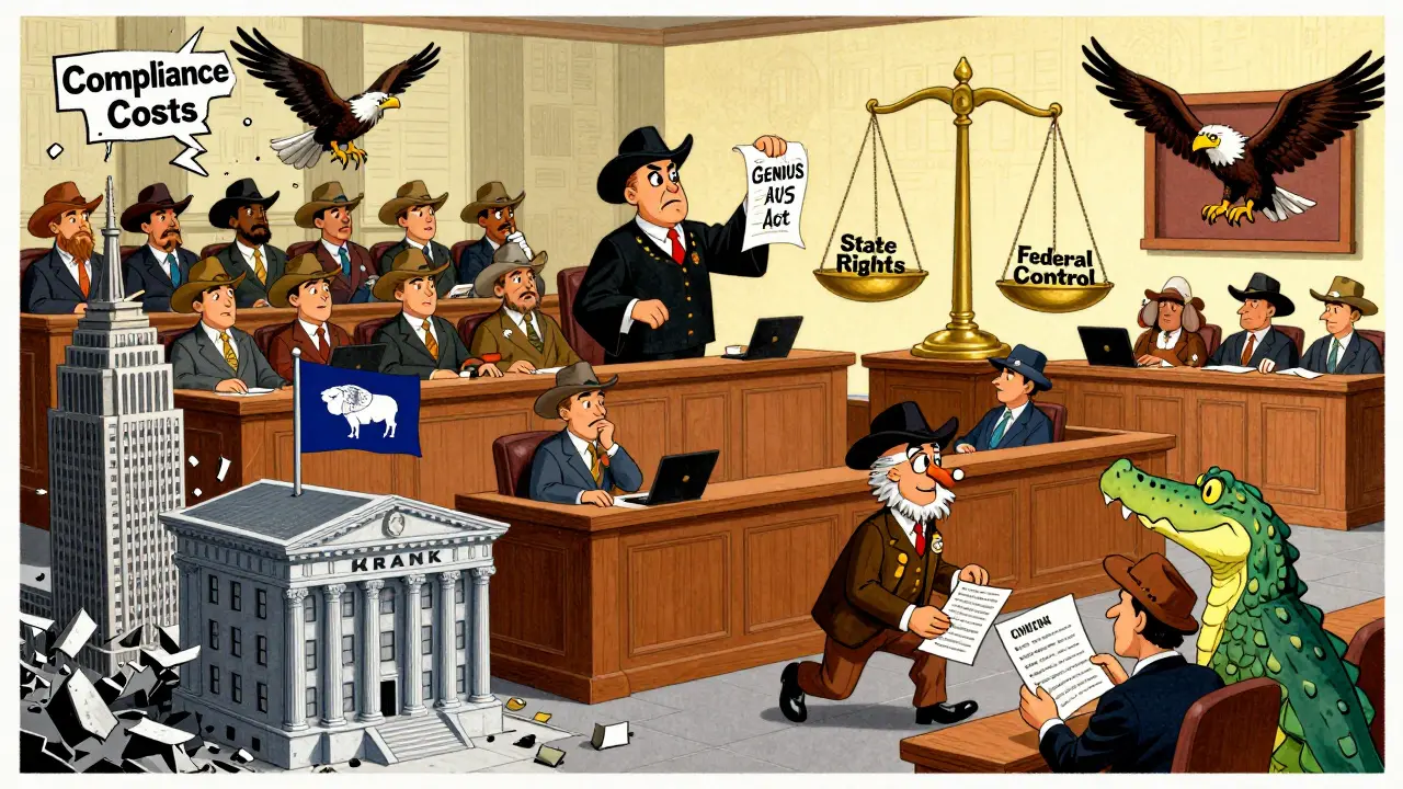 Vintage cartoon courtroom with 22 states suing the federal government over crypto regulation, while Kraken Bank thrives in Wyoming.