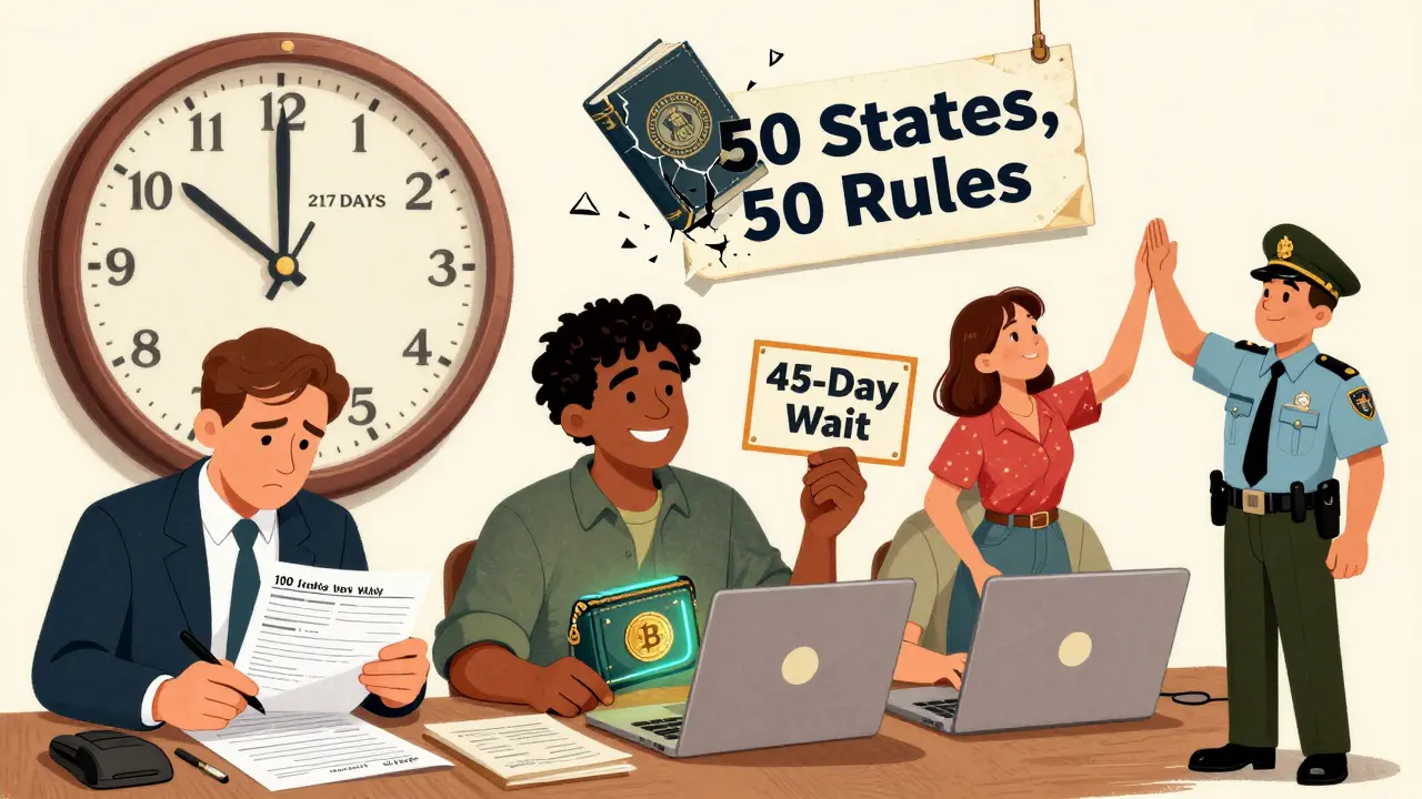 Vintage cartoon of users in different states experiencing crypto rules: New York's long wait, Wyoming's tax-free ease, California's simple registration, Texas's fraud crackdown.