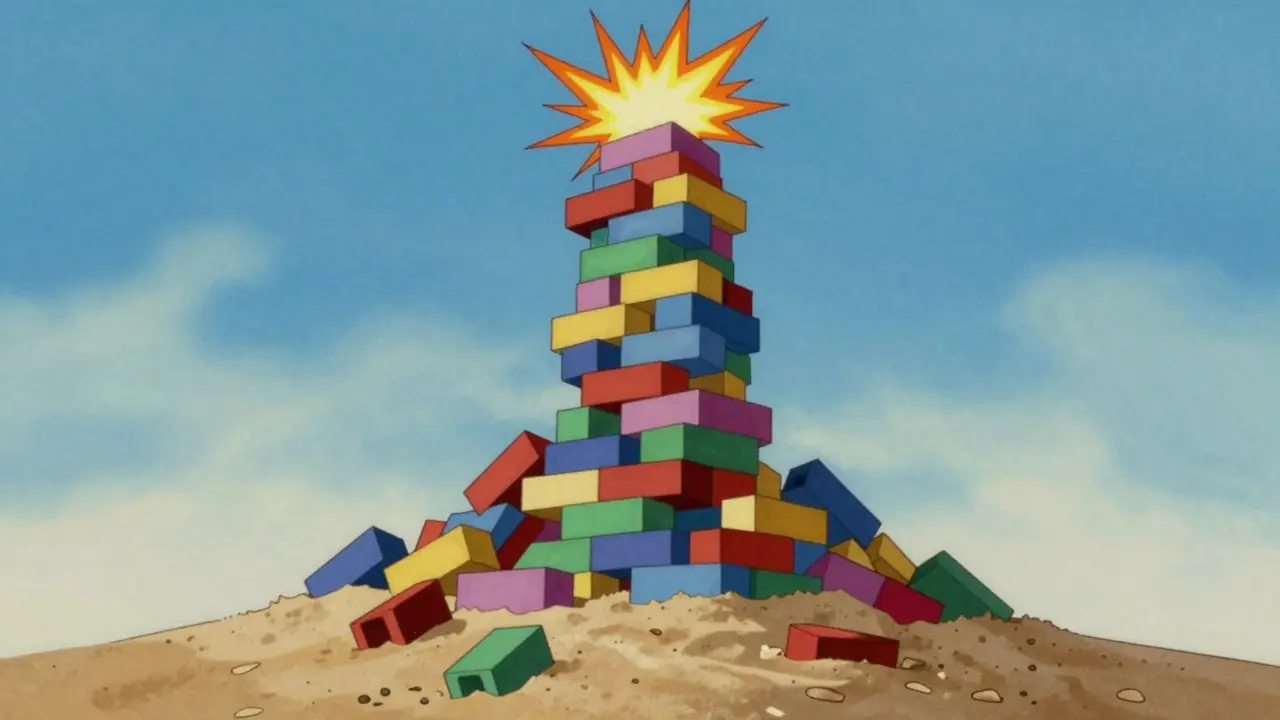 Vintage cartoon showing a tall structure crumbling into sand at base
