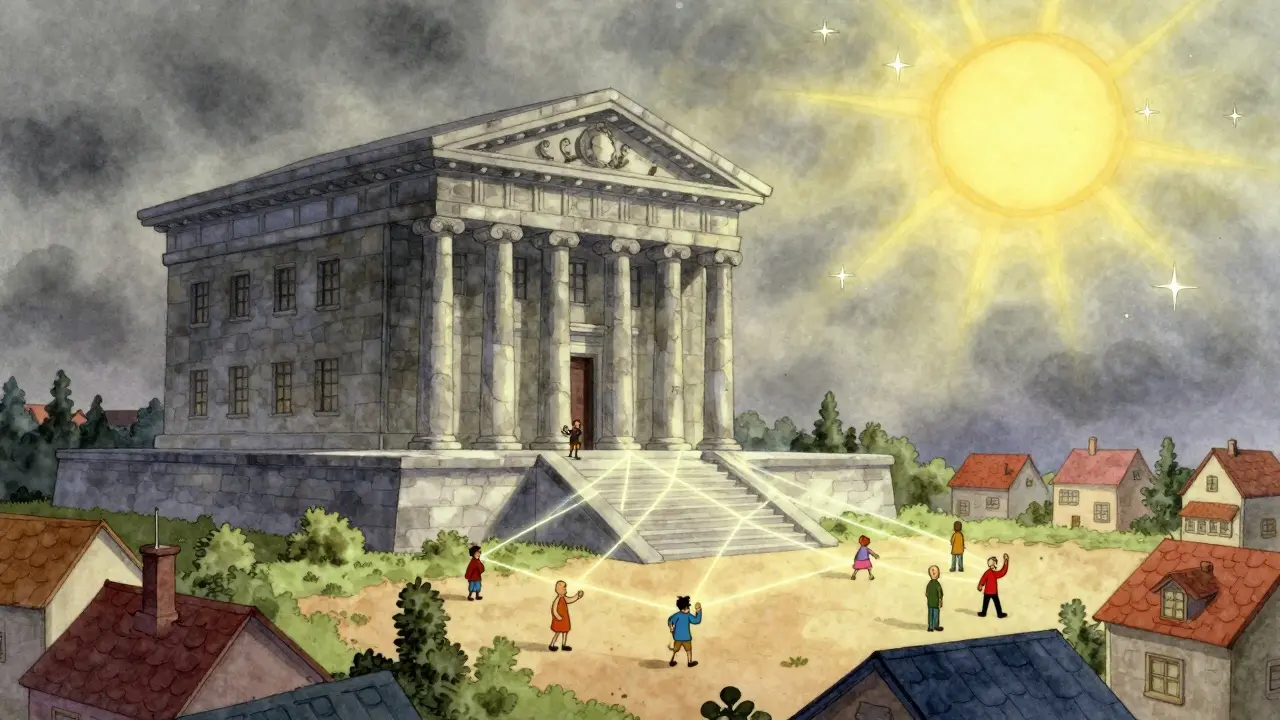 Vintage drawing showing peer-to-peer network bypassing central bank building.