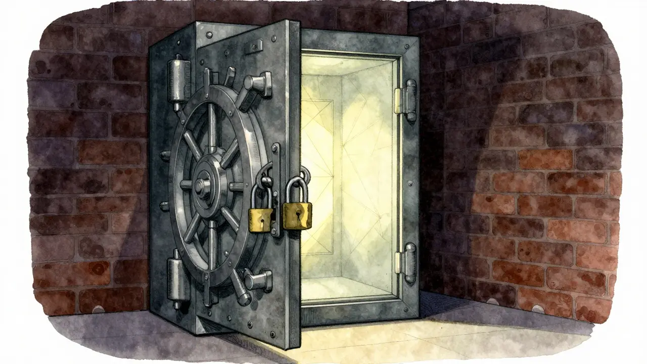 Vintage illustration of an open safety deposit box with multiple padlocks