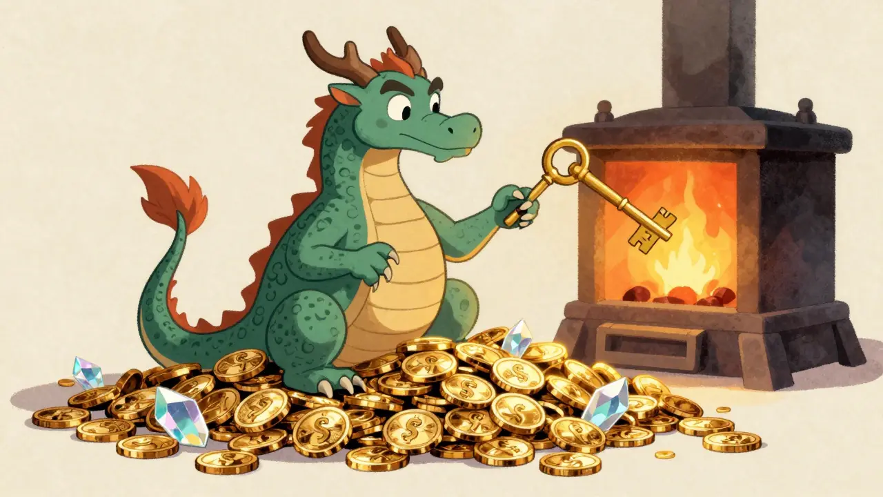 A cartoon dragon guarding gold coins while keys burn in a furnace.