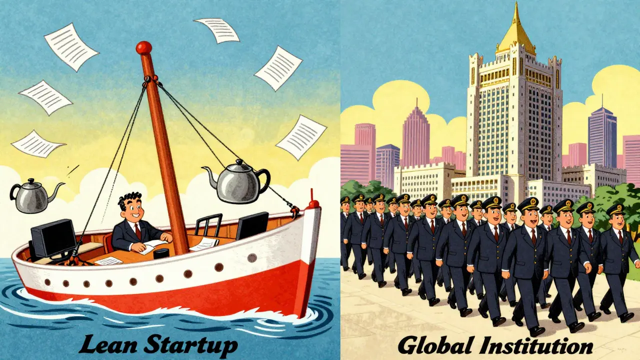 A contrast between a struggling small startup and a wealthy financial institution in vintage cartoon style.