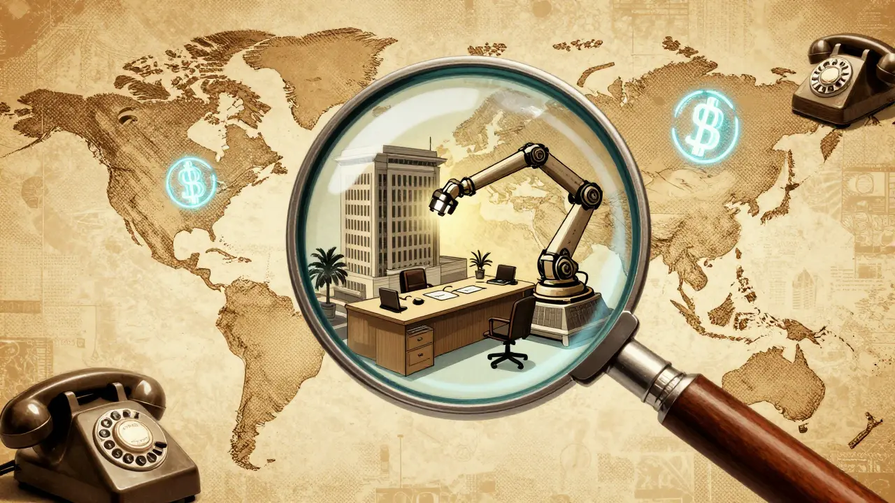 A mechanical arm reaching from a government building to a Singapore office in vintage art.