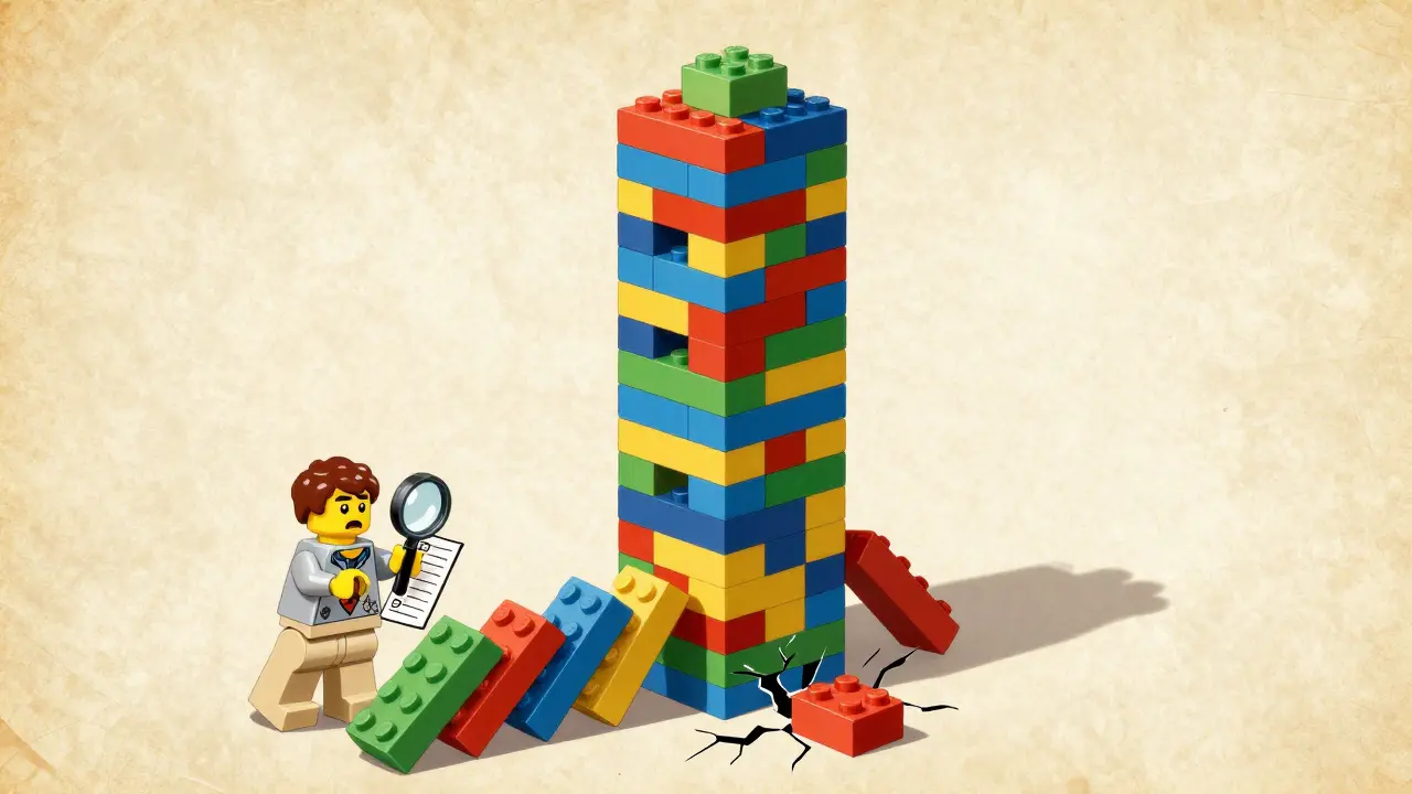 A precarious tower of financial blocks starting to collapse in a vintage cartoon illustration.