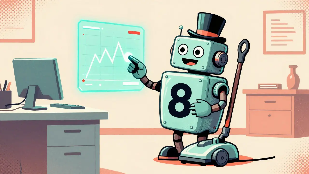 A retro-futuristic robot with a top hat operating a floating trading chart in a vintage office.