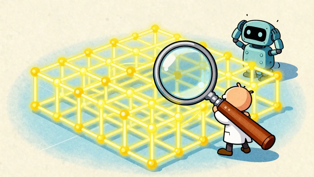 A scientist exploring a complex 3D lattice grid in a vintage cartoon illustration.