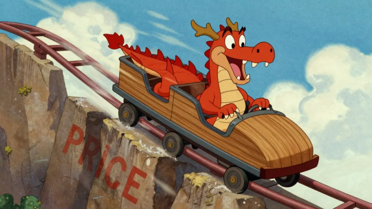 A surprised cartoon dragon riding a rollercoaster down a steep drop.