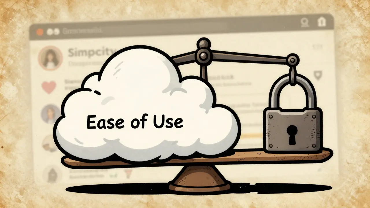 A vintage cartoon scale balancing a fluffy cloud of simplicity against a heavy security lock.