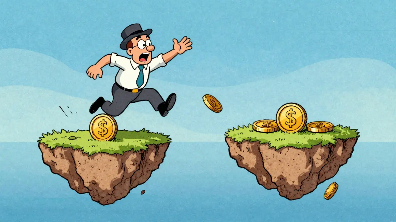 Cartoon trader attempting to jump between two drifting islands to illustrate market slippage.