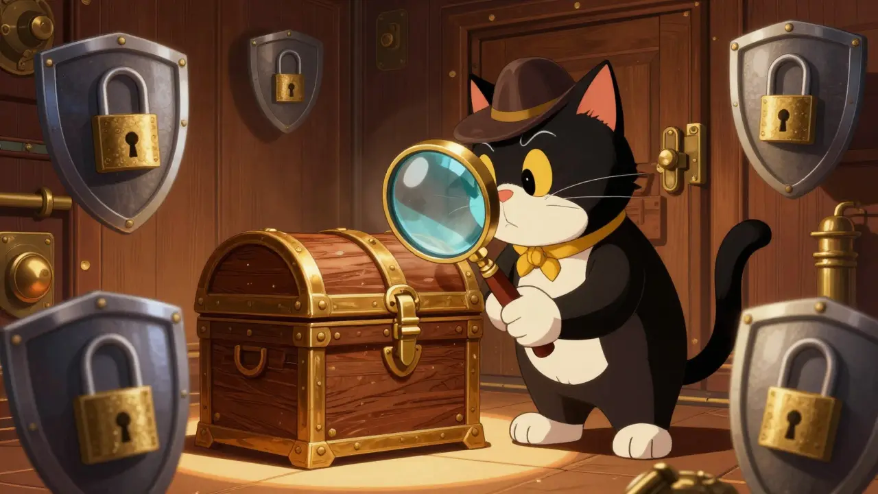 Cat detective inspecting treasure chest with magnifying glass.