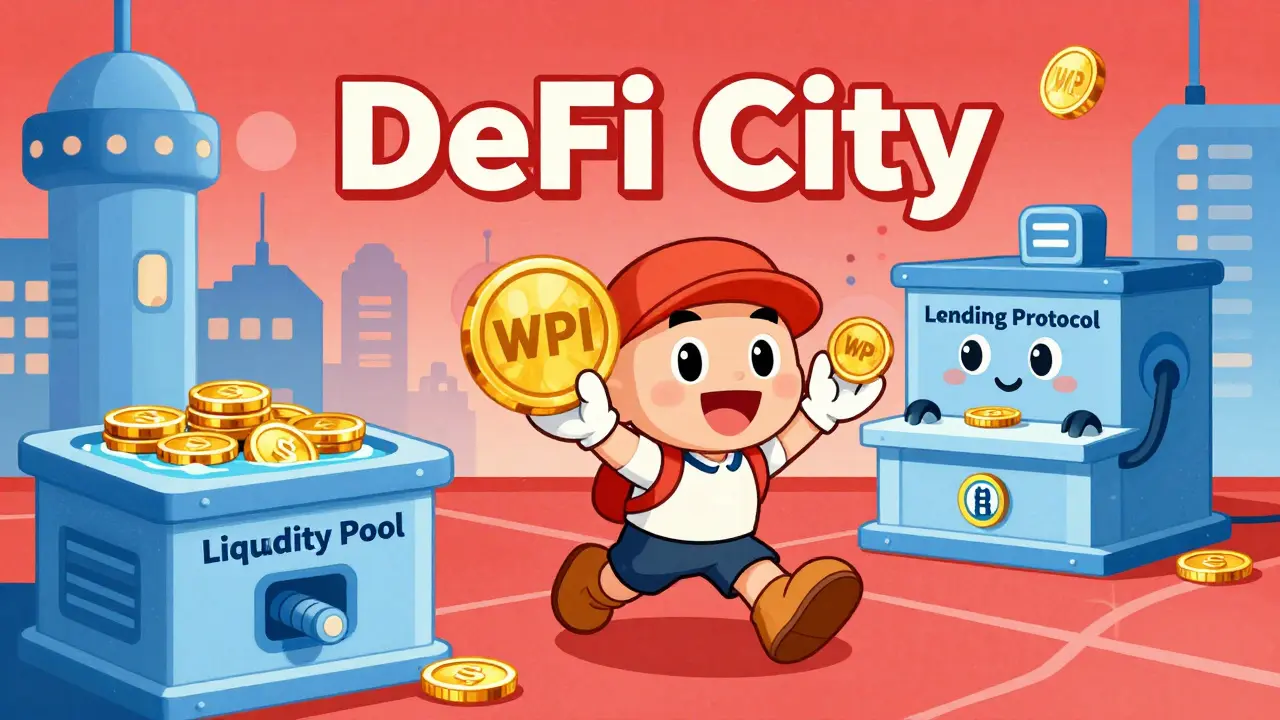 Character using WPI tokens in a whimsical DeFi city with personified financial tools