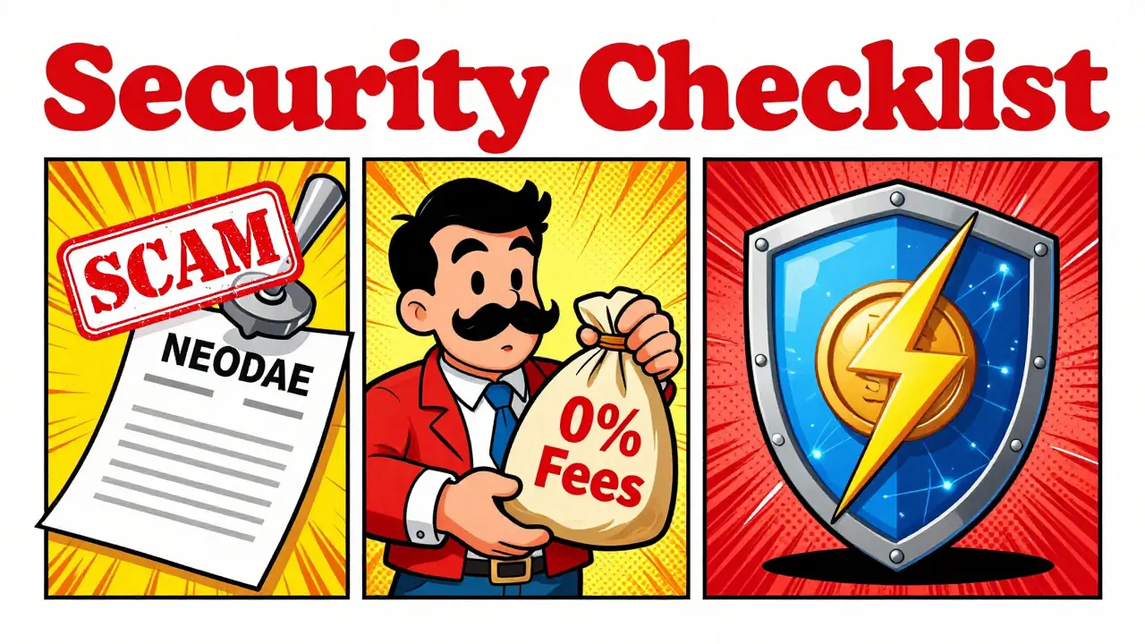 Comic panels showing red flags of a scam and quantum security shields.