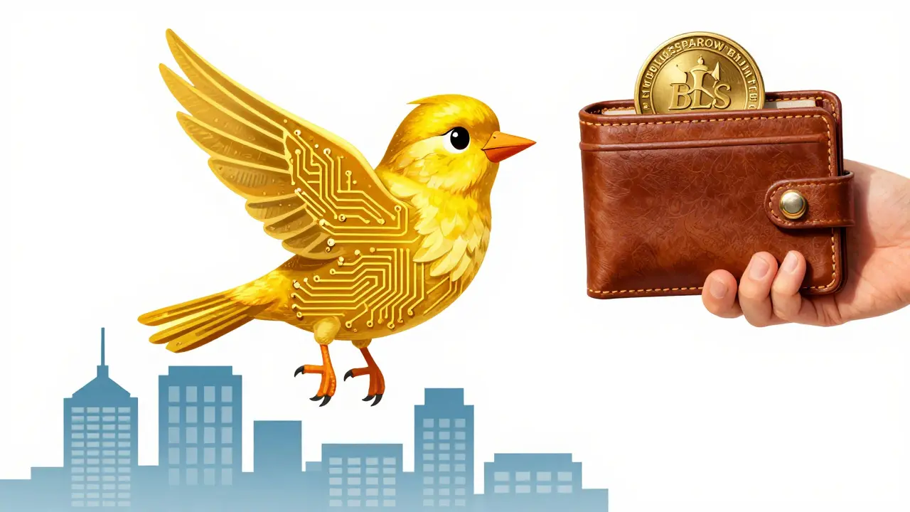 Digital golden sparrow bird flying over a financial city with a leather wallet in the background.