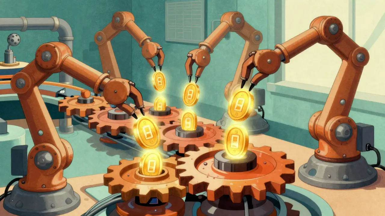 Mechanical assembly line integrating glowing digital tokens into gears in vintage cartoon style.