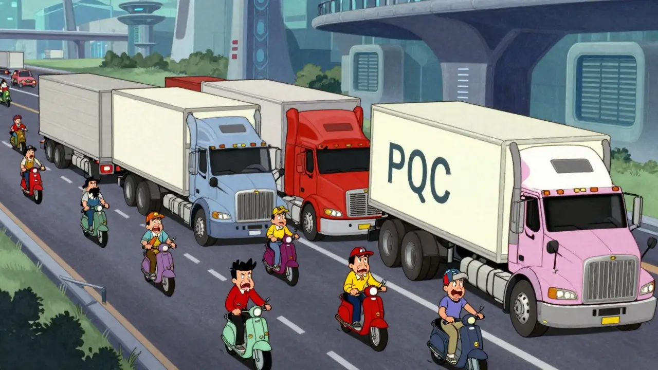 Oversized trucks causing a traffic jam on a digital highway in vintage cartoon style.