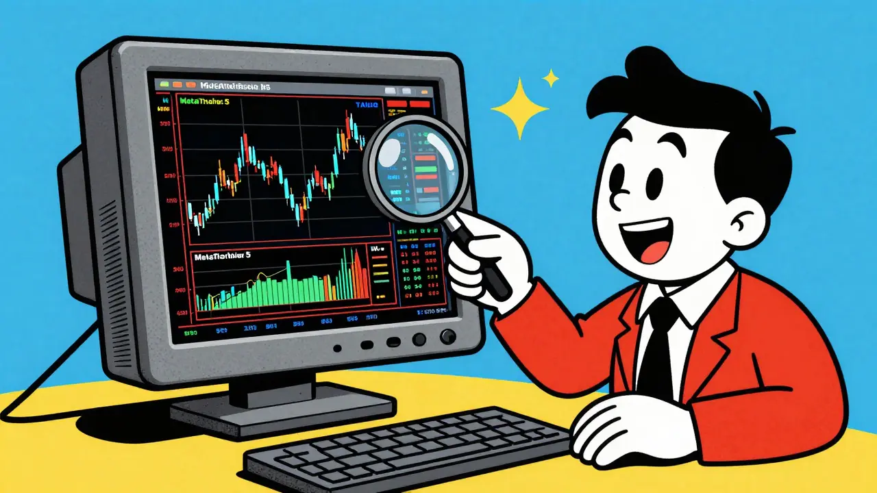 Retro cartoon trader analyzing a detailed crypto chart on an old-fashioned computer monitor.