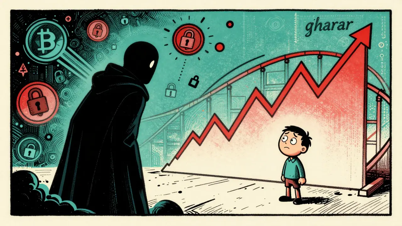 Retro illustration of a worried man facing a volatile market graph and shadowy digital figures.