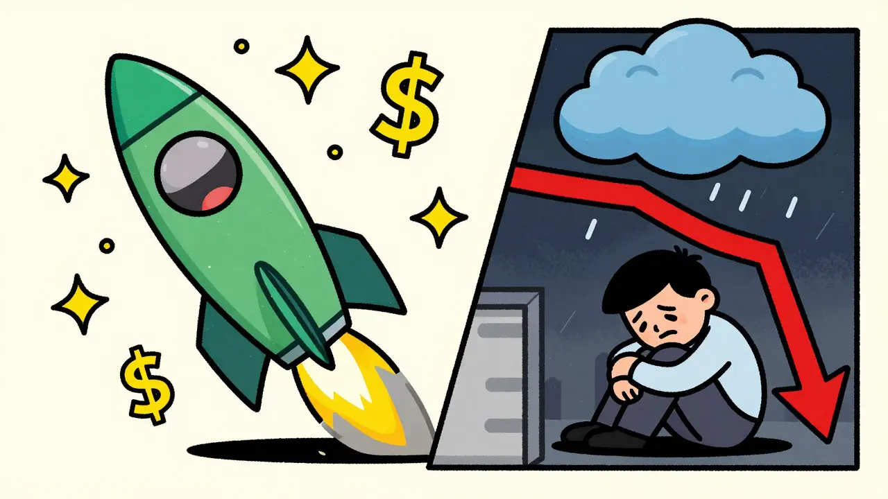 Split screen showing an investor in euphoria on a rocket and another in a state of panic.