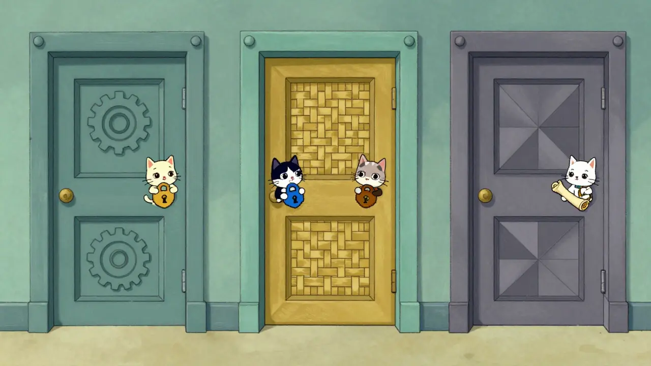 Three vault doors with unique pattern designs and peeking cats.