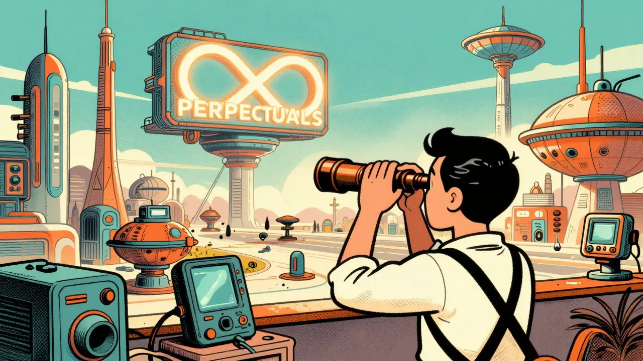 Vintage cartoon character looking through a telescope at an infinity symbol representing perpetuals.