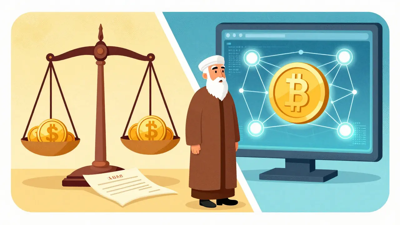 Vintage cartoon comparing traditional physical assets on a scale with a modern digital currency network.