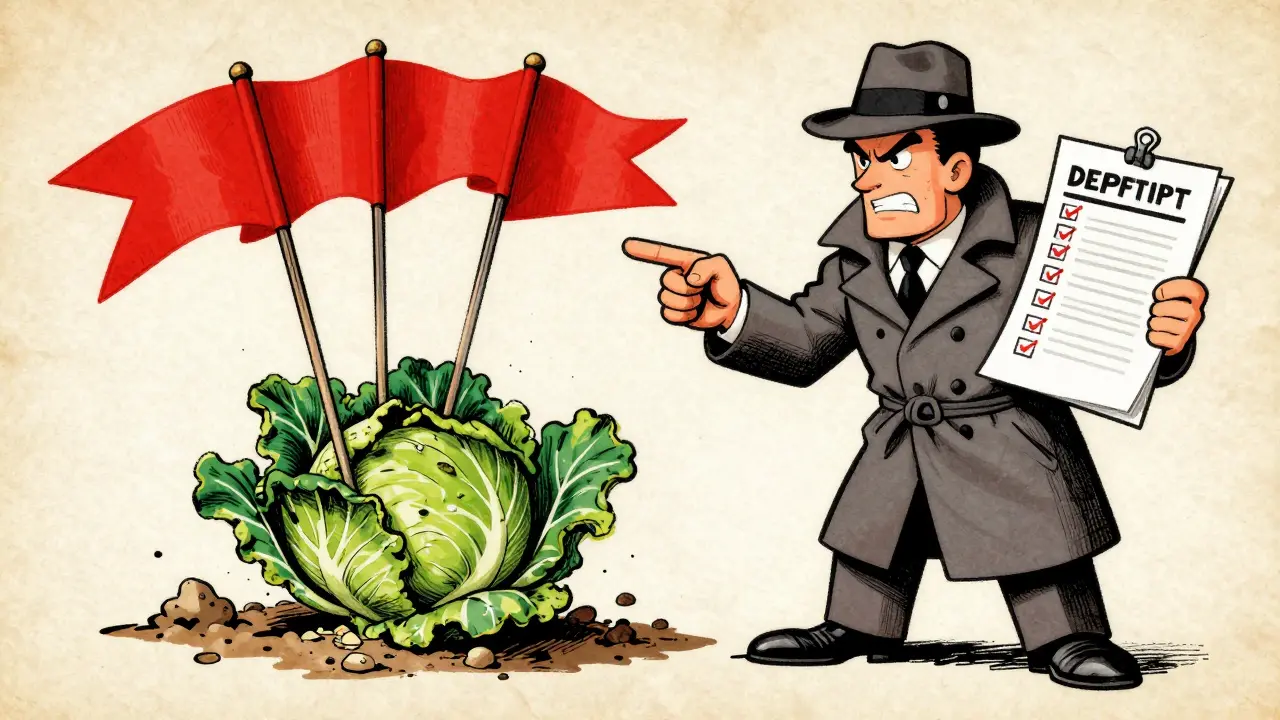 Vintage cartoon detective pointing to red flags on a withered cabbage plant