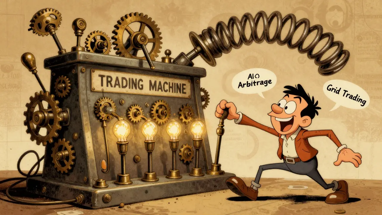 Vintage cartoon illustration of a complex trading machine with many gears and levers.