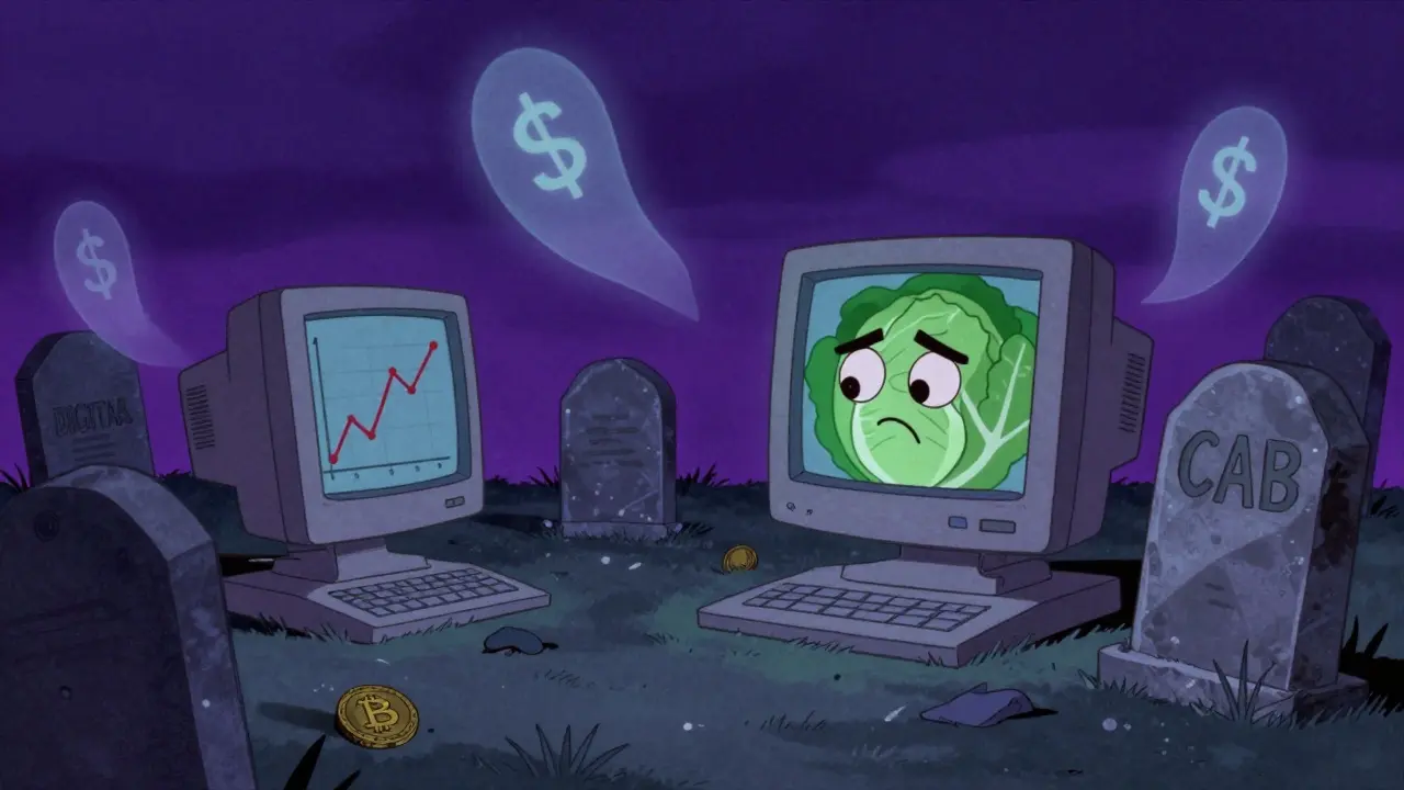 Vintage cartoon illustration of a digital graveyard with a cabbage-shaped tombstone
