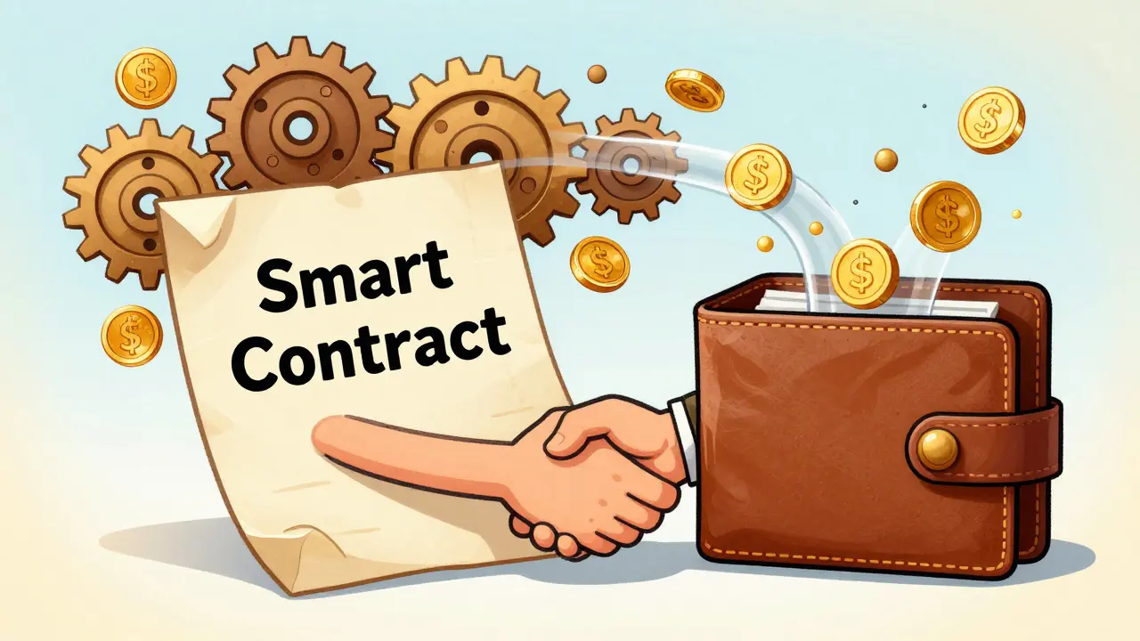 Vintage cartoon illustration of a friendly smart contract delivering gold coins to a creator's wallet.