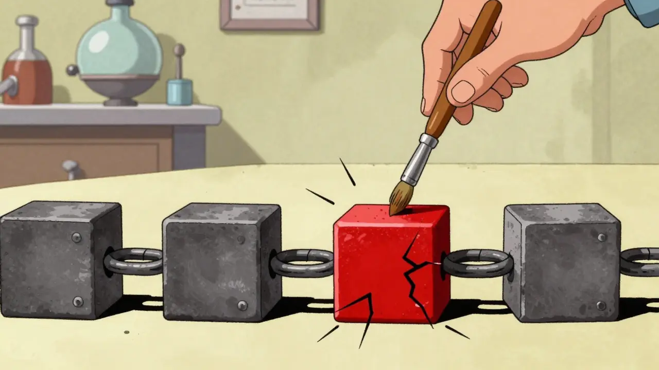 Vintage cartoon of a chain of blocks cracking and turning red after one block is tampered with.