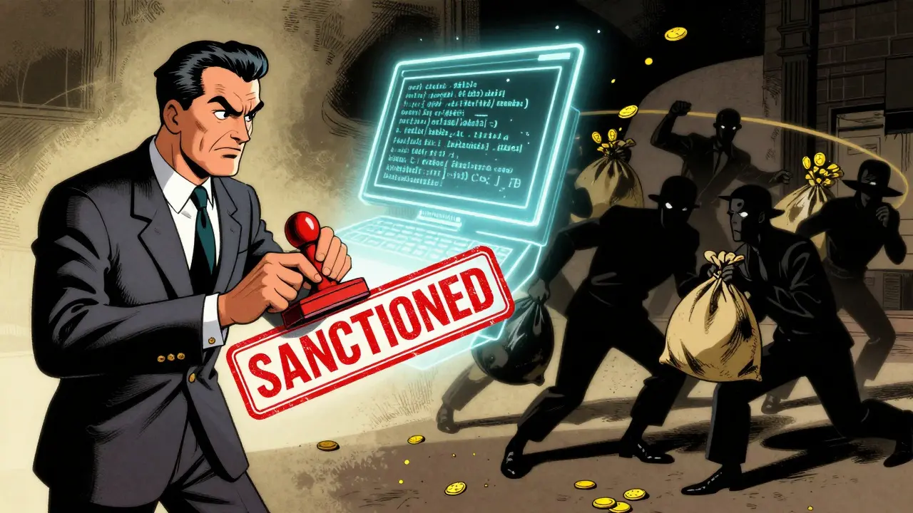 Vintage cartoon of a government official stamping a floating piece of digital code with a red seal.