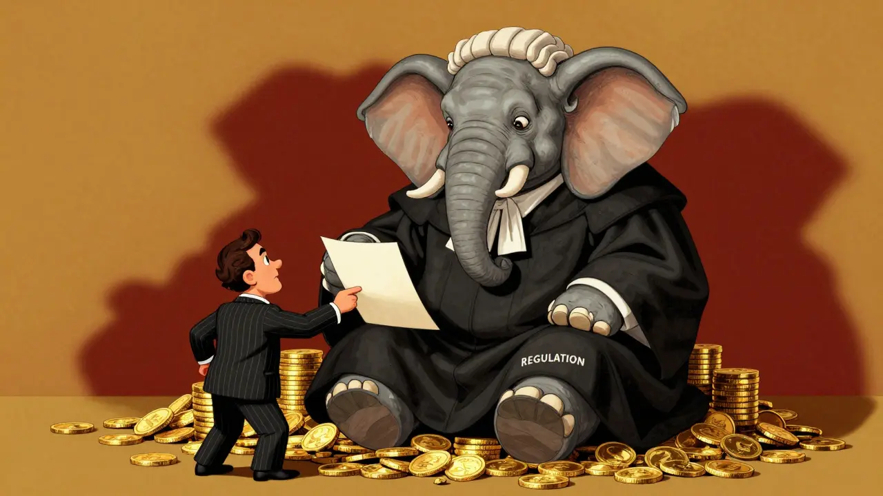 Vintage cartoon of a judge elephant ignoring a salesman with a blank document.