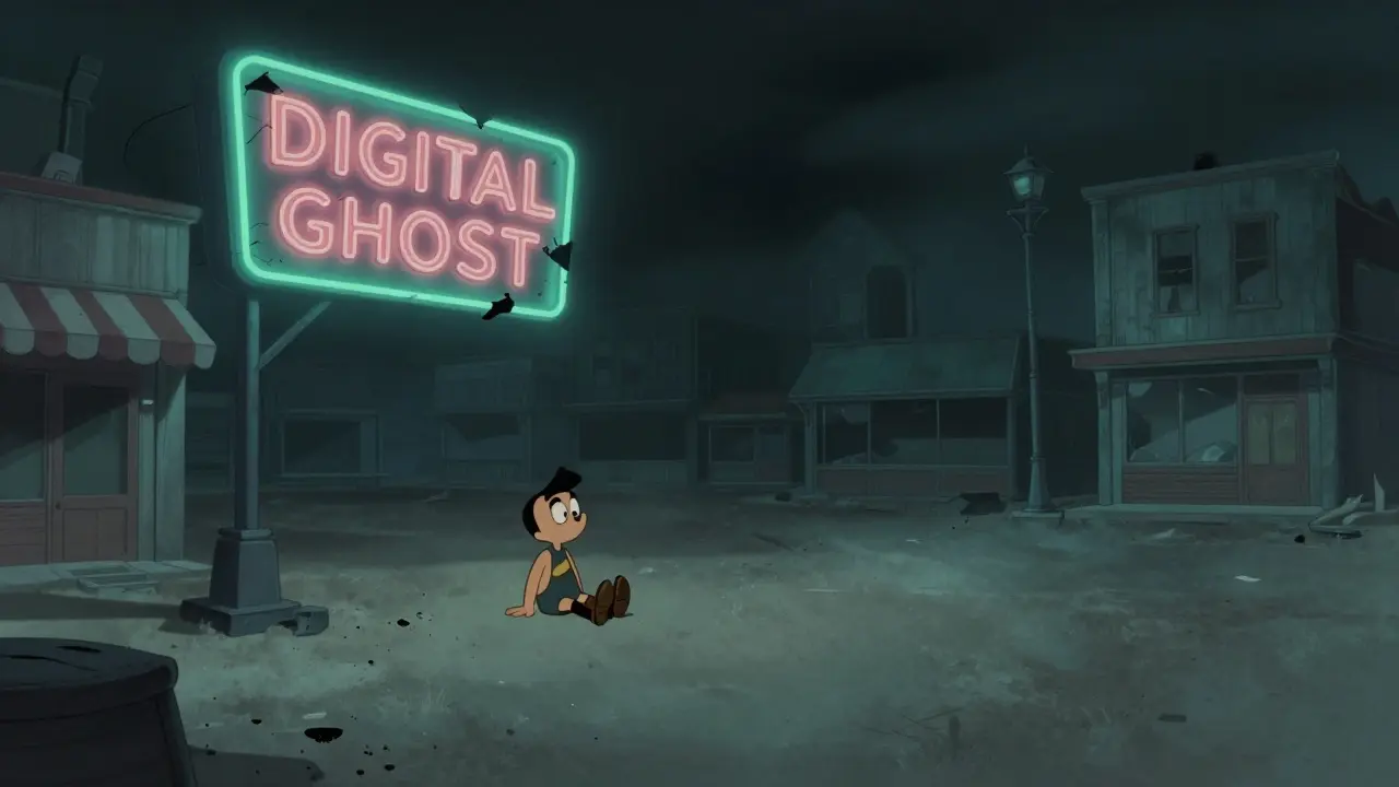 Vintage cartoon of a lonely character in a dark, abandoned digital ghost town.