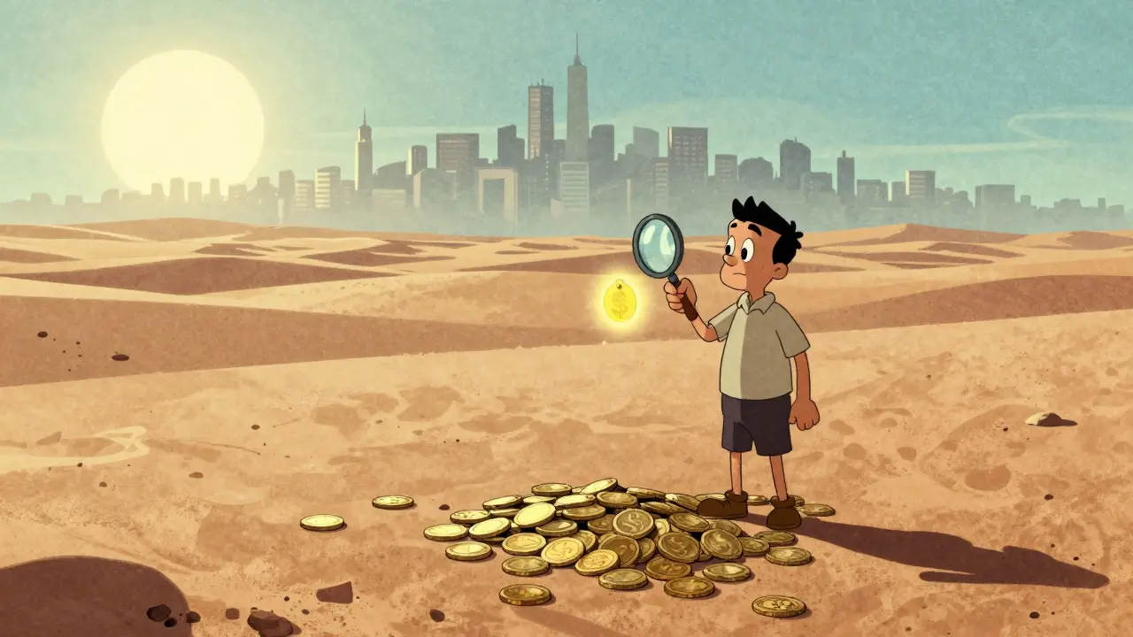 Vintage cartoon of a lonely trader in a coin desert searching for a buyer with a magnifying glass.