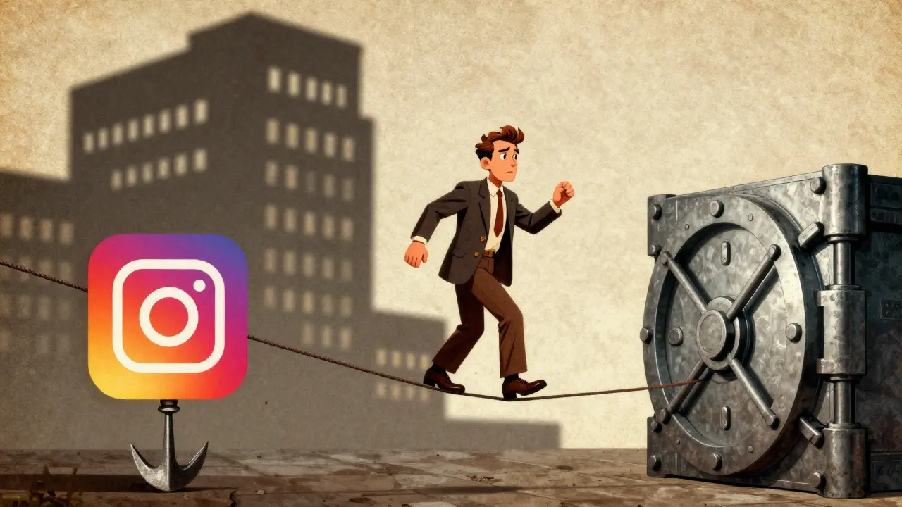 Vintage cartoon of a man balancing between social media and blockchain security.