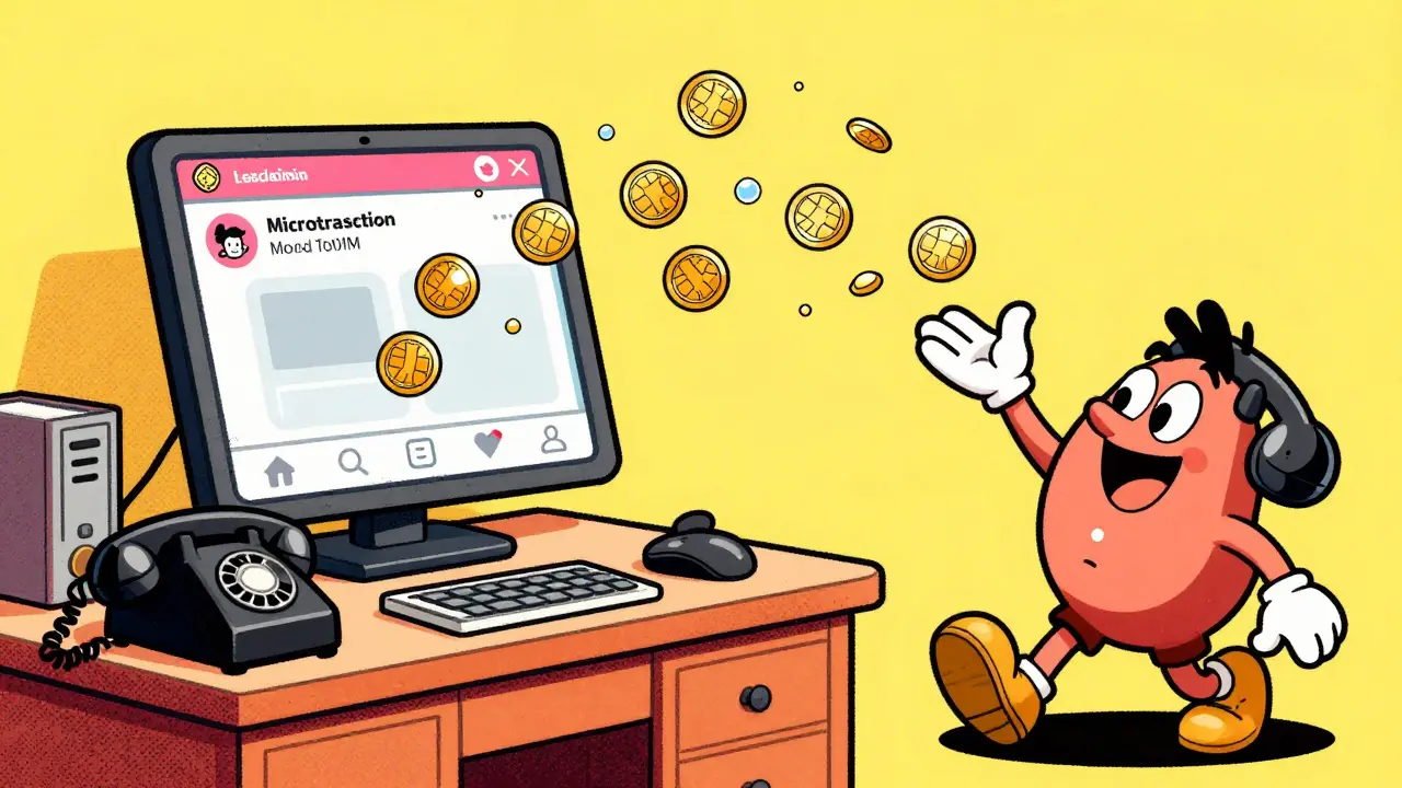 Vintage cartoon of a person sending gold coins via a social media interface.