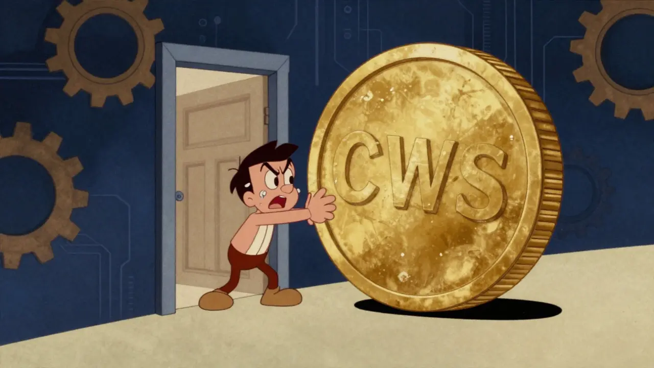 Vintage cartoon of a person struggling to push a large CWS coin through a small door.