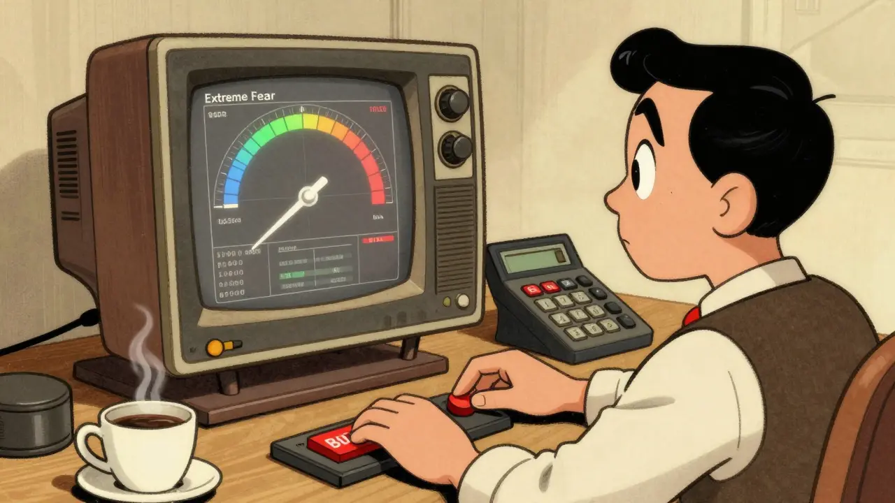 Vintage cartoon of a trader using a sentiment gauge to make a confident buy decision.