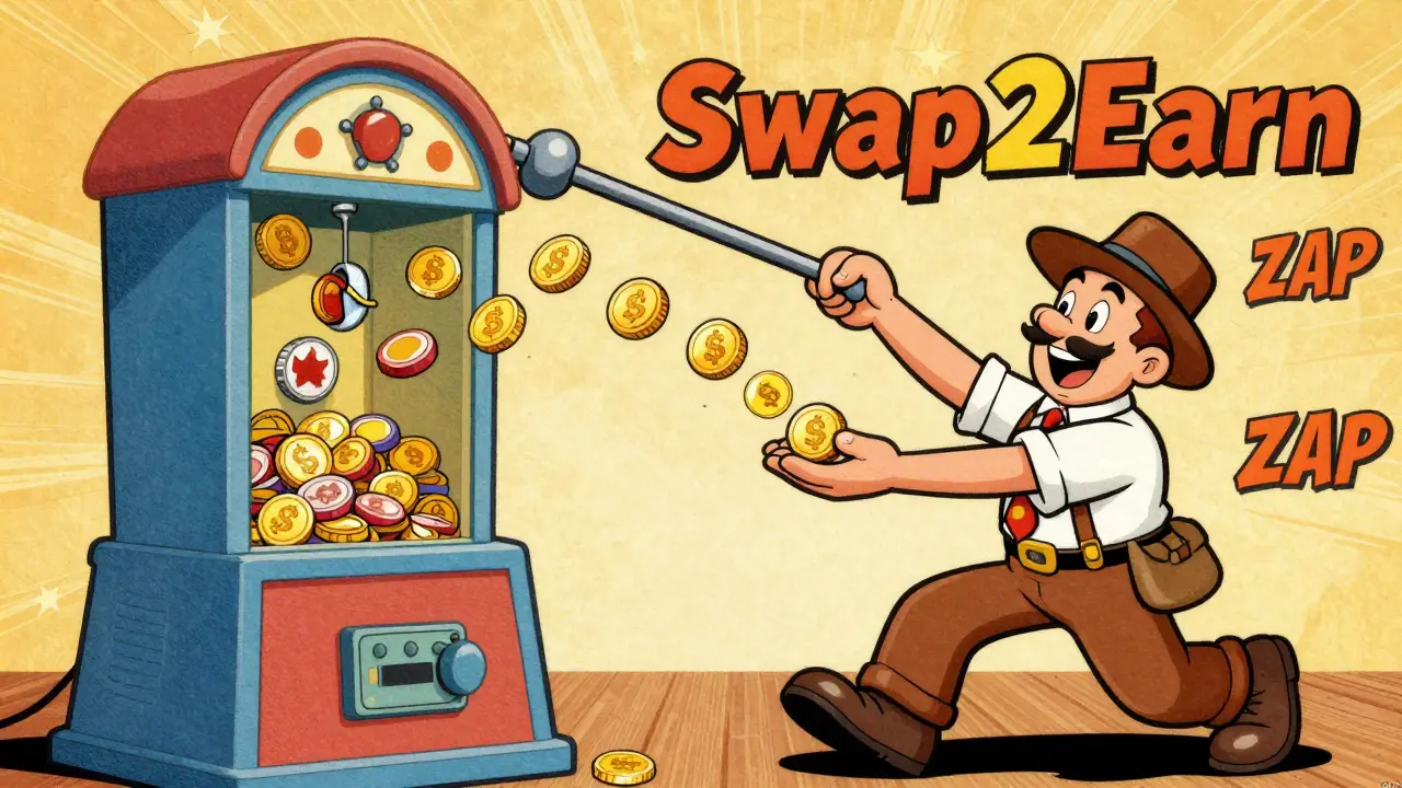 Vintage cartoon of a trader winning tokens from a quirky swapping machine.