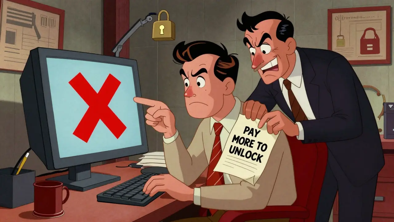 Vintage cartoon of a trader with a locked account and a scammer demanding more money.