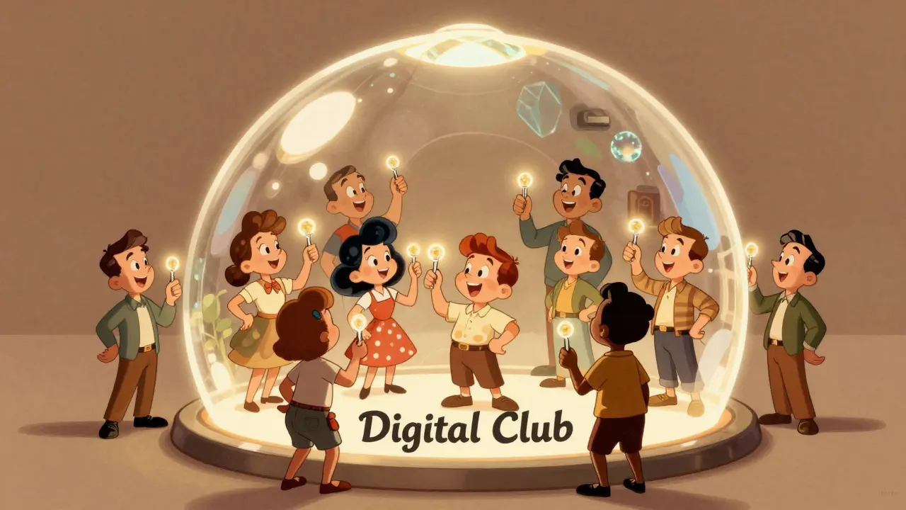 Vintage cartoon of creators and fans gathering in a glowing digital community dome.