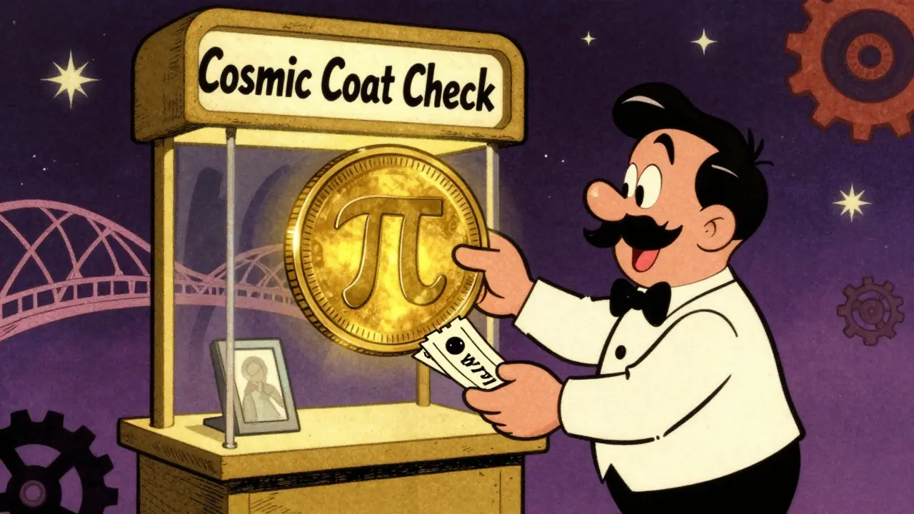 Vintage cartoon scene of a coin being exchanged for a WPI ticket at a bridge station