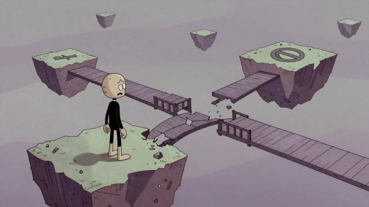 Vintage cartoon showing a character on a floating digital island with a broken bridge.